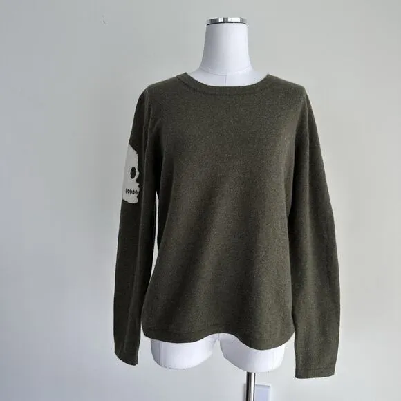 100% Cashmere Sweater Womens Large Skull Print Olive Army Rock N Roll Soft Goth