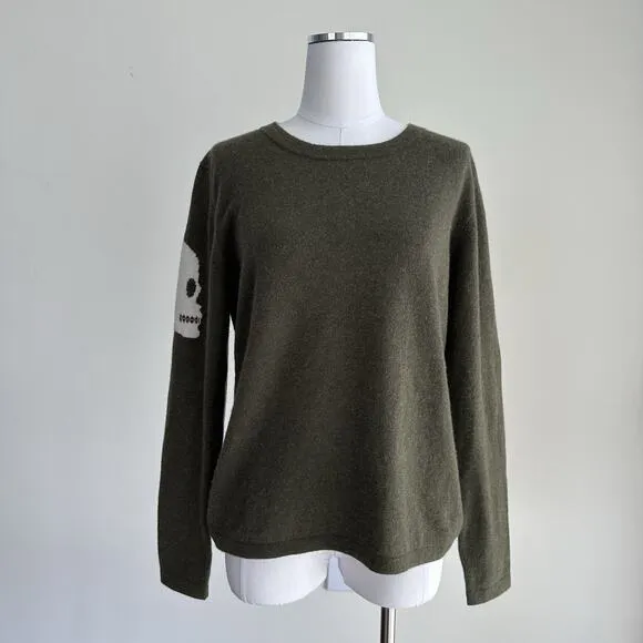 100% Cashmere Sweater Womens Large Skull Print Olive Army Rock N Roll Soft Goth