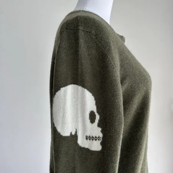 100% Cashmere Sweater Womens Large Skull Print Olive Army Rock N Roll Soft Goth