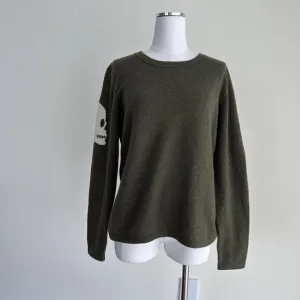 100% Cashmere Sweater Womens Large Skull Print Olive Army Rock N Roll Soft Goth