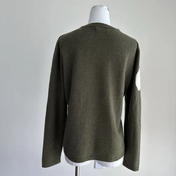 100% Cashmere Sweater Womens Large Skull Print Olive Army Rock N Roll Soft Goth