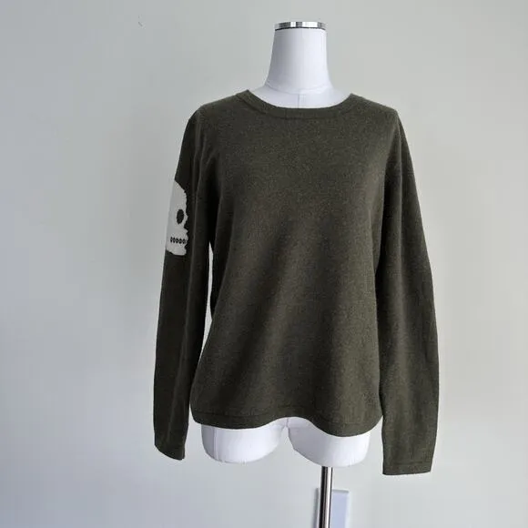 100% Cashmere Sweater Womens Large Skull Print Olive Army Rock N Roll Soft Goth