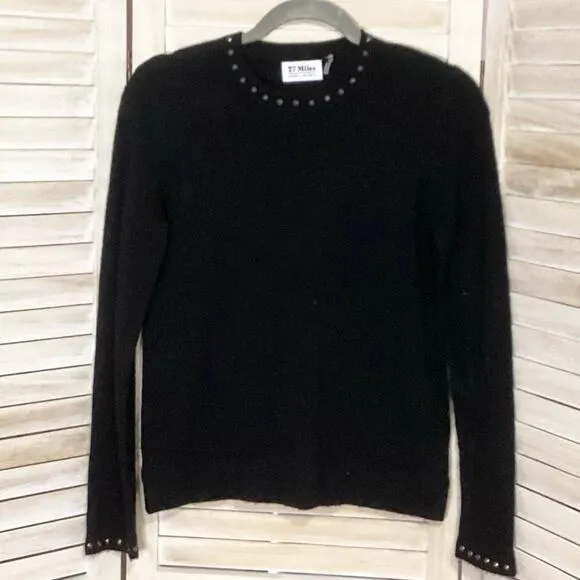 127 Miles Malibu Britt Black Crew Neck Studded 100% Cashmere Sweater XS