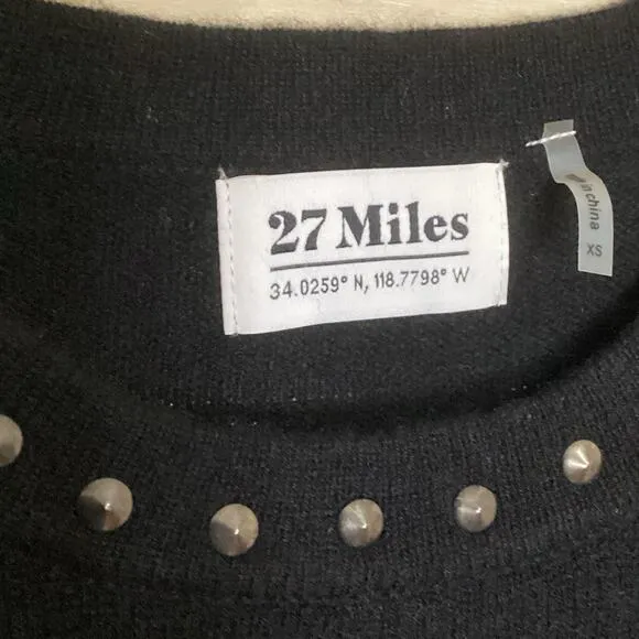 127 Miles Malibu Britt Black Crew Neck Studded 100% Cashmere Sweater XS