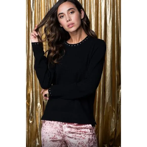 127 Miles Malibu Britt Black Crew Neck Studded 100% Cashmere Sweater XS