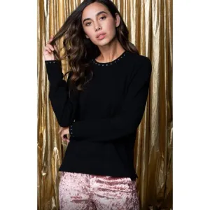 127 Miles Malibu Britt Black Crew Neck Studded 100% Cashmere Sweater XS