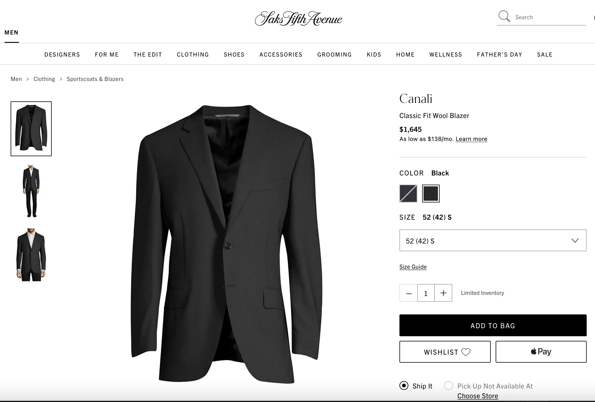 $1,795 CANALI -  Black Solid Notch Lapel 2-Btn Blazer - 48R US