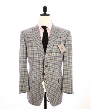 $1,895 CANALI - Tan Blue Gingham Check Lapel Blazer - 46R