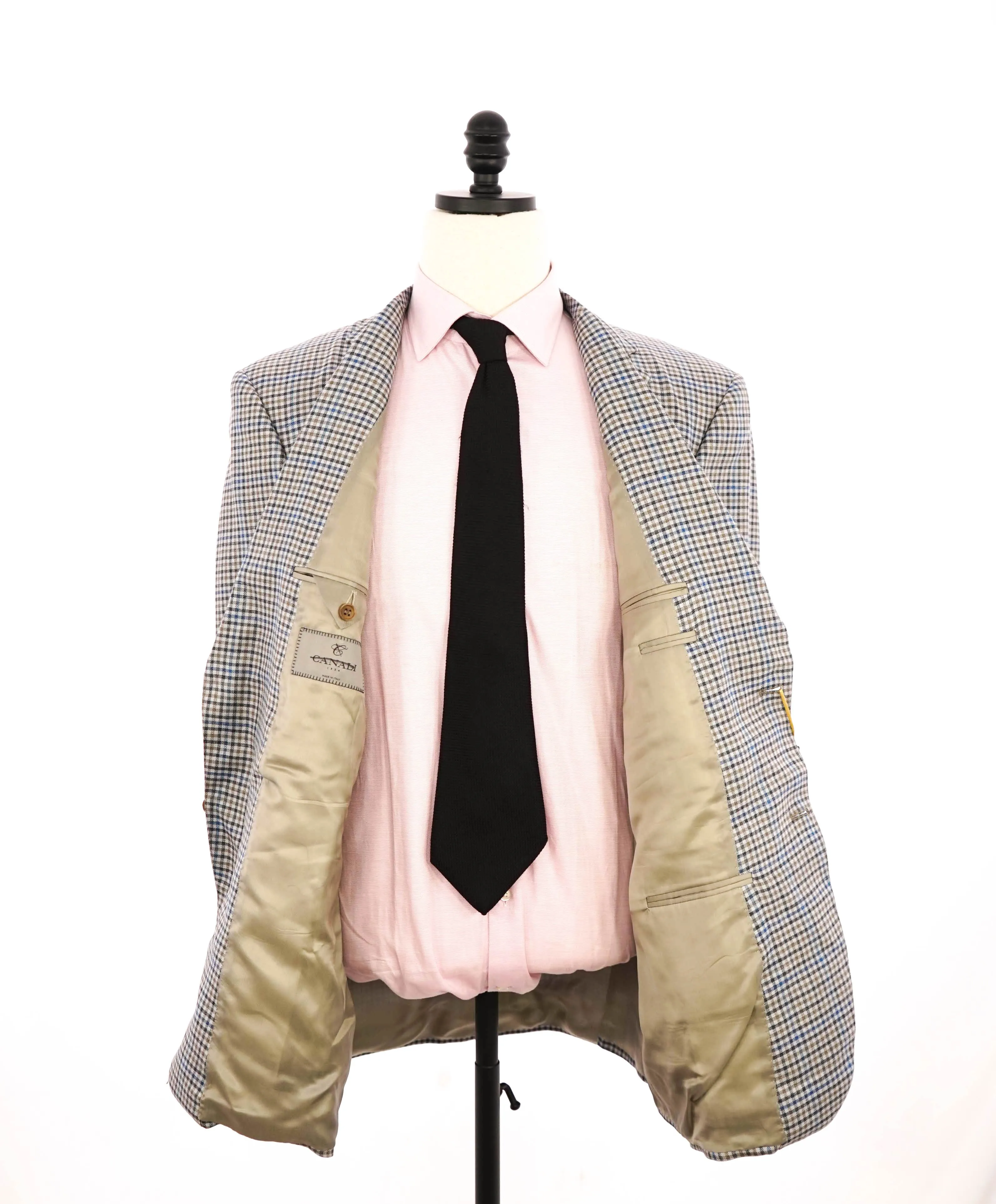 $1,895 CANALI - Tan Blue Gingham Check Lapel Blazer - 46R