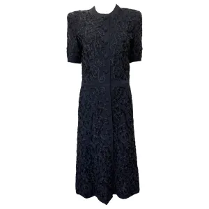 1940's Black Rayon Crepe Shirt Dress with Dense Allover Soutache Decoration