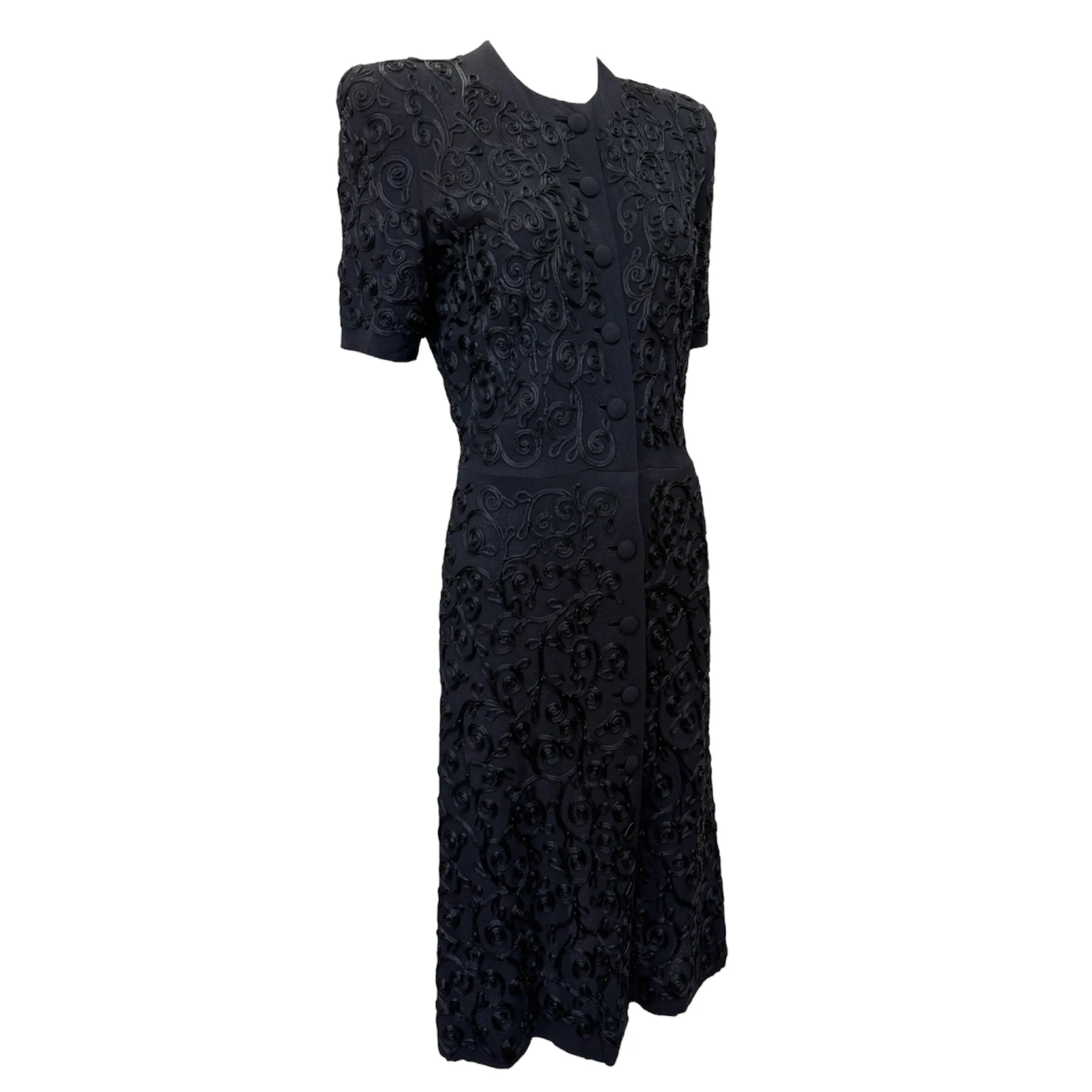 1940's Black Rayon Crepe Shirt Dress with Dense Allover Soutache Decoration