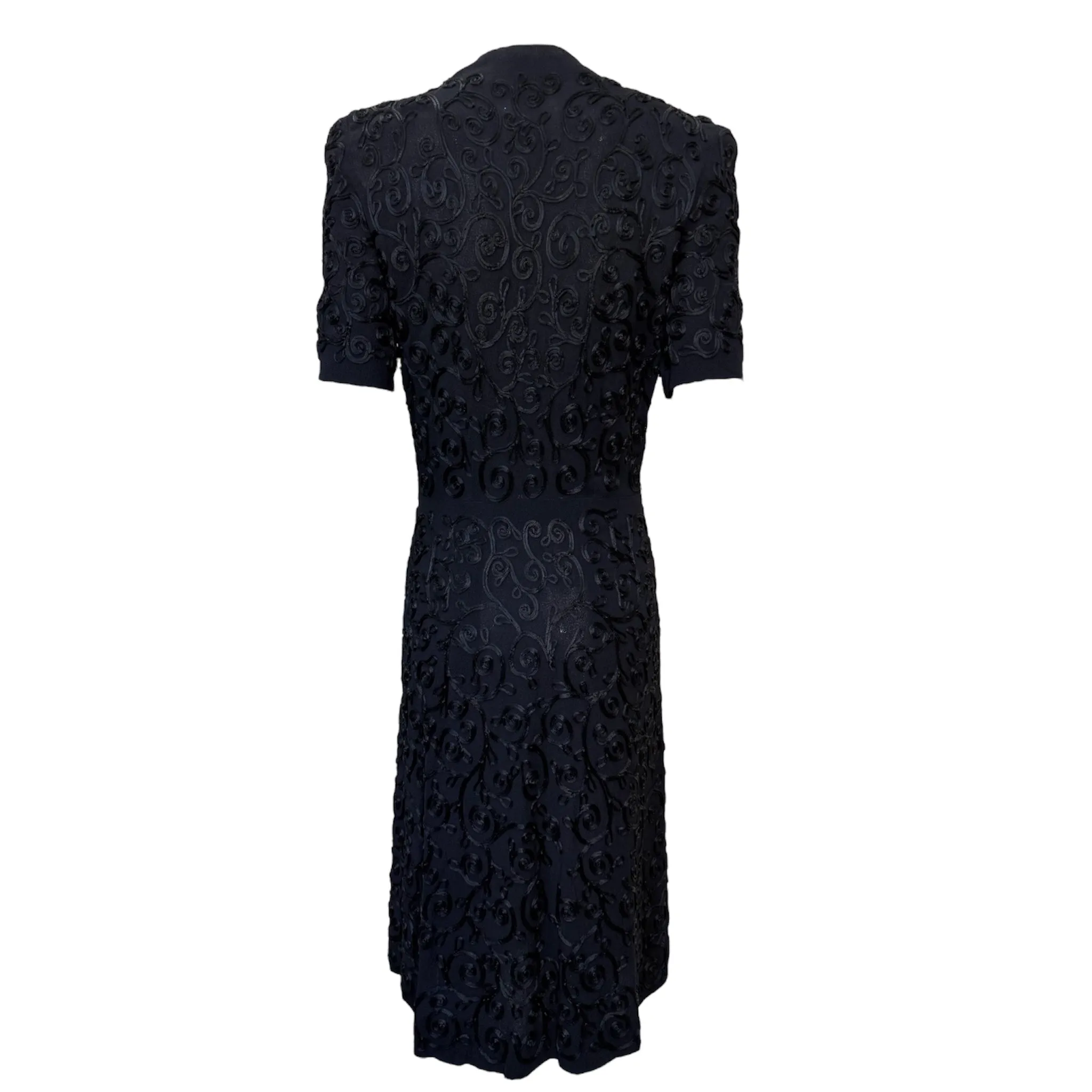 1940's Black Rayon Crepe Shirt Dress with Dense Allover Soutache Decoration