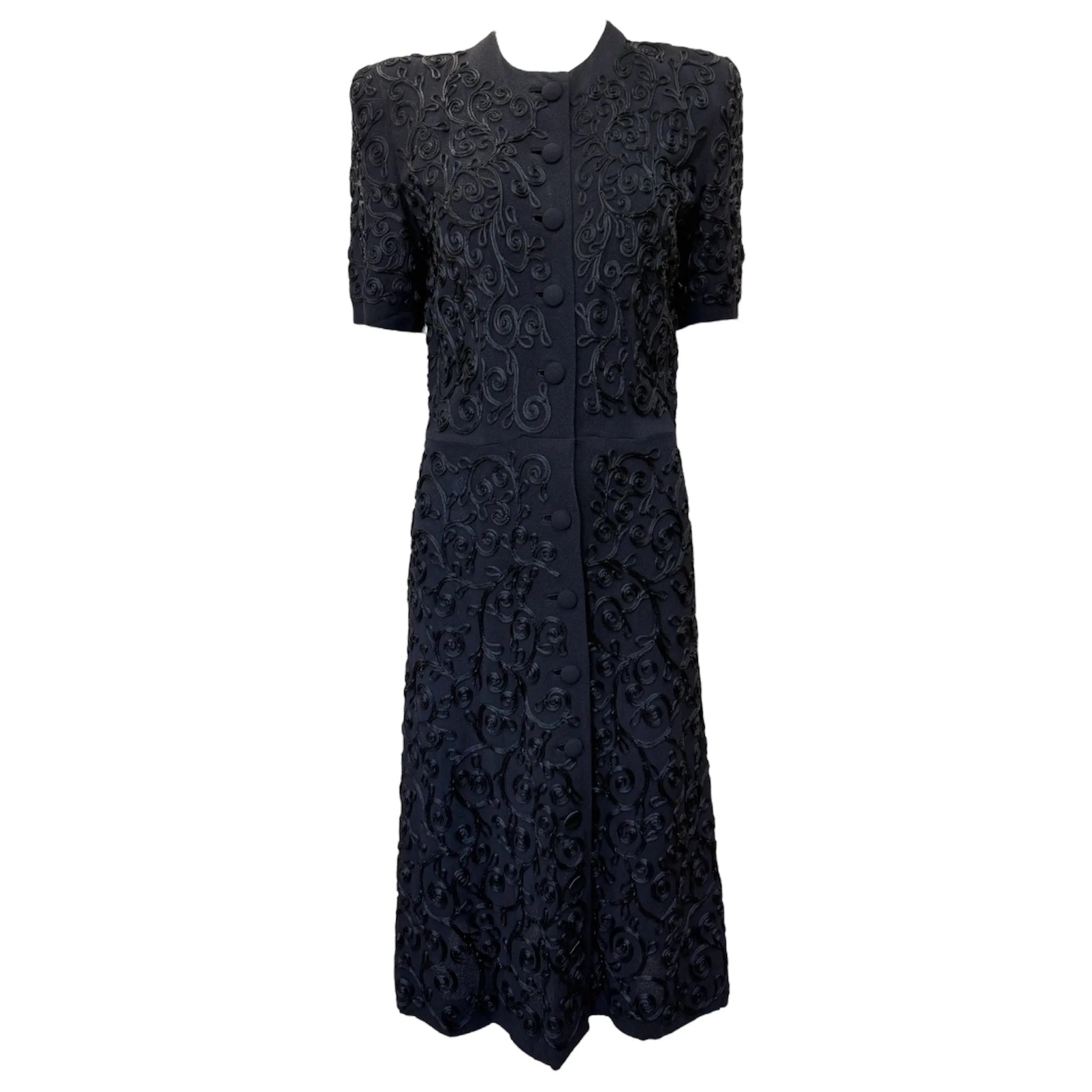 1940's Black Rayon Crepe Shirt Dress with Dense Allover Soutache Decoration