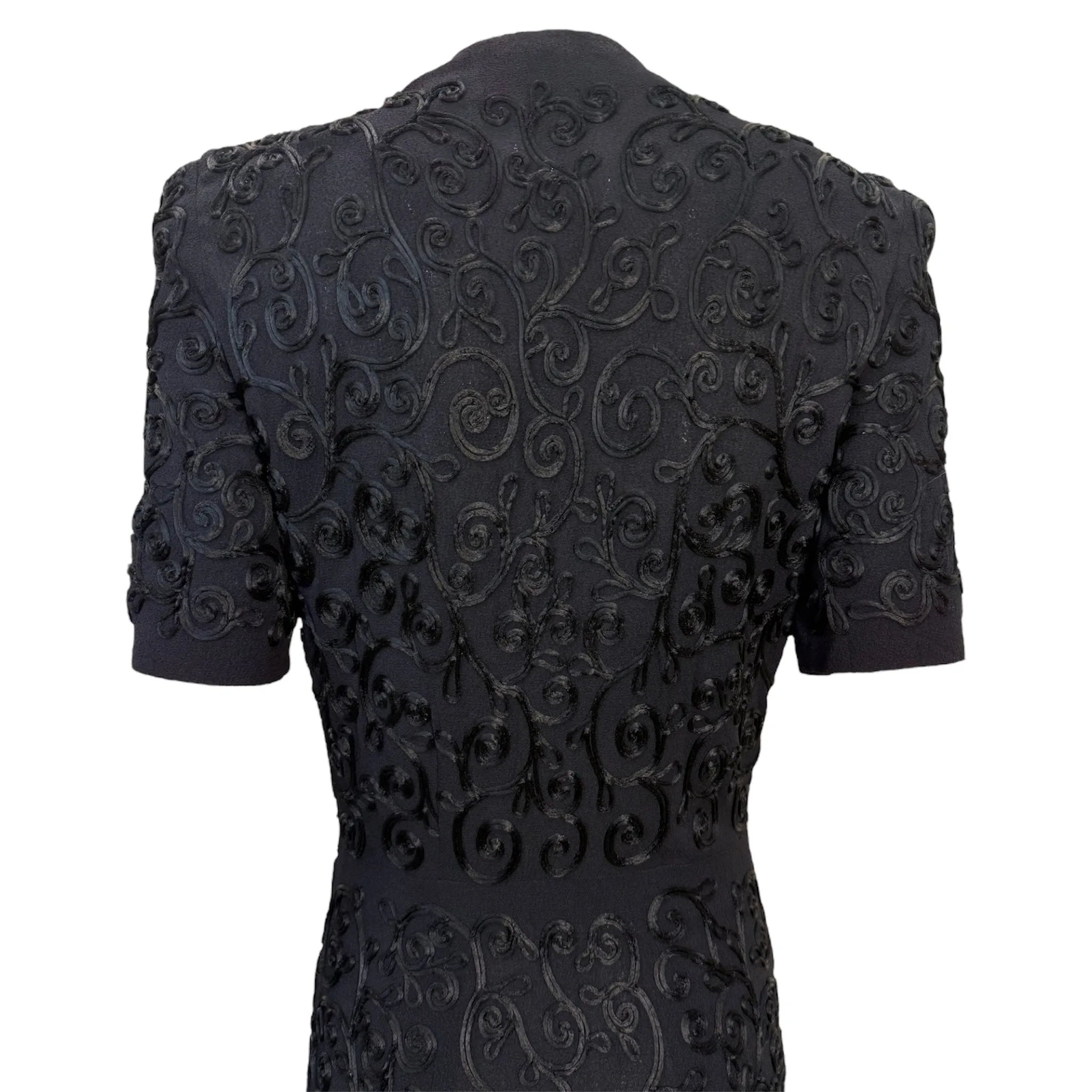 1940's Black Rayon Crepe Shirt Dress with Dense Allover Soutache Decoration