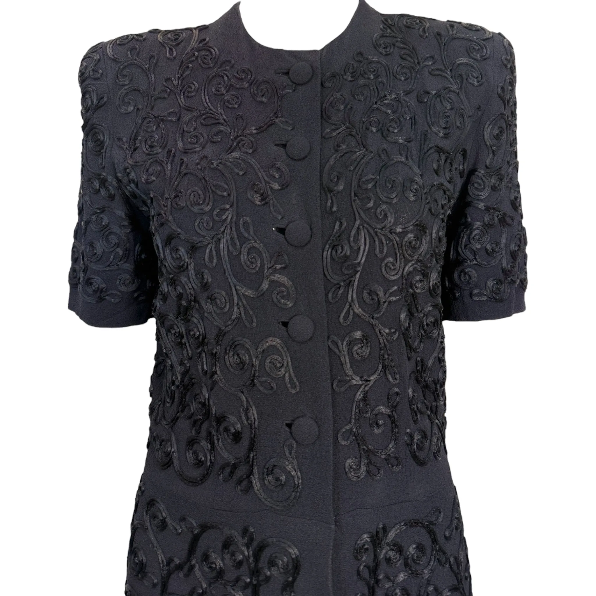 1940's Black Rayon Crepe Shirt Dress with Dense Allover Soutache Decoration
