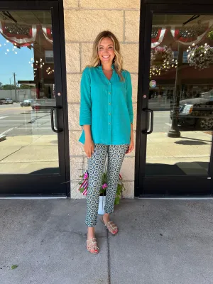 3/4 Sleeve Wire Collar Y-Neck Button Front Shirt - Teal