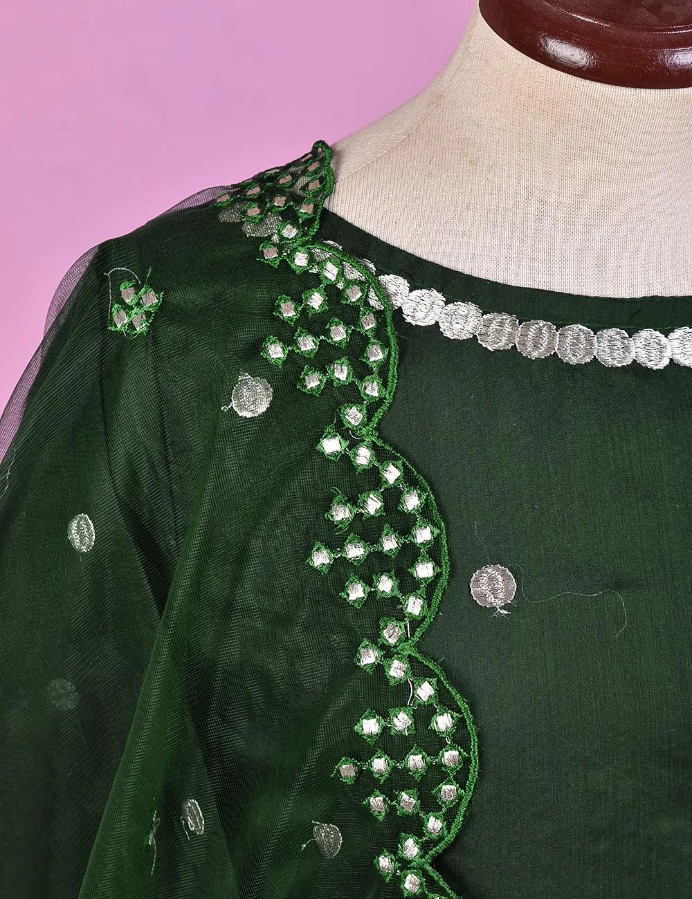 3PC Paper Cotton Stitched Embroidered Dress With Net Embroidered Dupatta  - Gracious (RTW-15-Green)