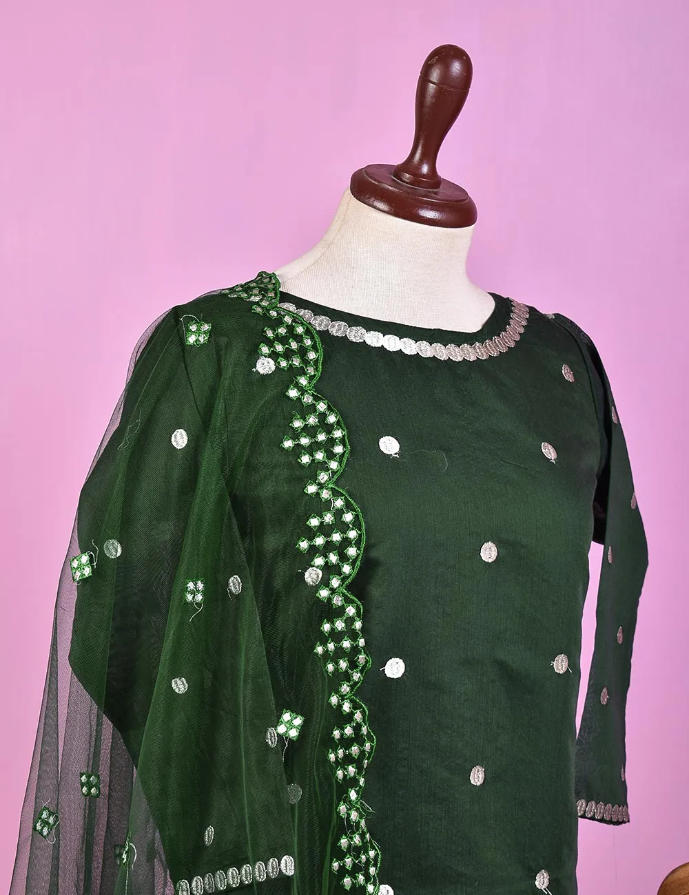 3PC Paper Cotton Stitched Embroidered Dress With Net Embroidered Dupatta  - Gracious (RTW-15-Green)