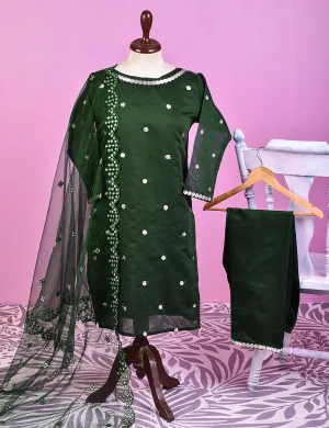 3PC Paper Cotton Stitched Embroidered Dress With Net Embroidered Dupatta  - Gracious (RTW-15-Green)