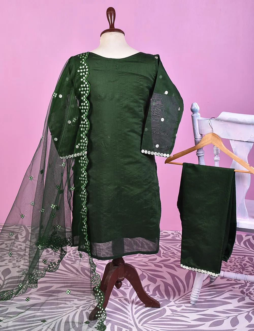 3PC Paper Cotton Stitched Embroidered Dress With Net Embroidered Dupatta  - Gracious (RTW-15-Green)