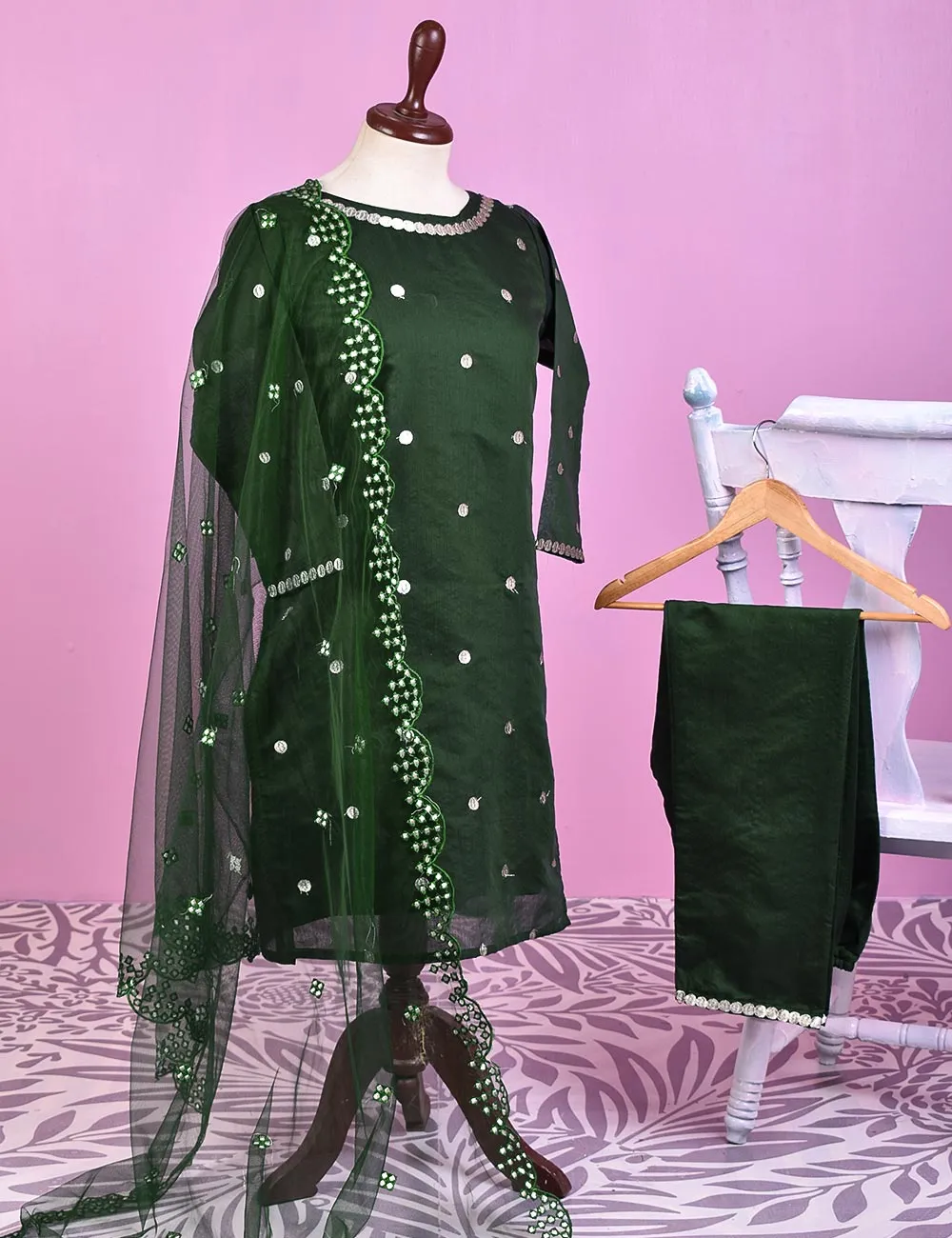 3PC Paper Cotton Stitched Embroidered Dress With Net Embroidered Dupatta  - Gracious (RTW-15-Green)