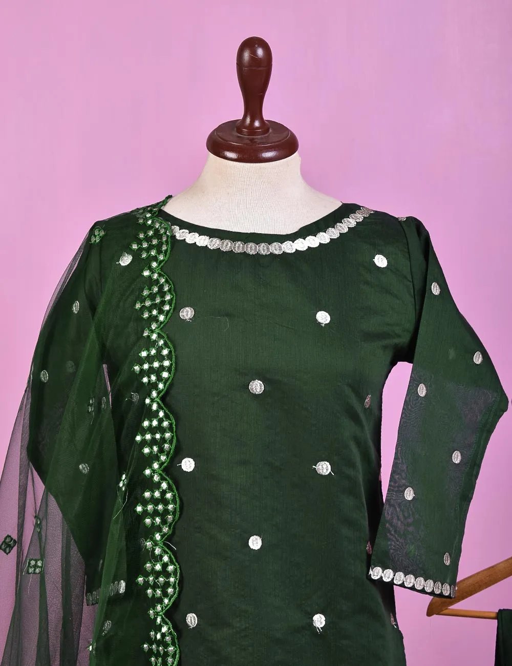 3PC Paper Cotton Stitched Embroidered Dress With Net Embroidered Dupatta  - Gracious (RTW-15-Green)