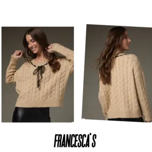 (65)New Francesca’s Tara Lace Ribbon Cable Knit Pullover Sweater