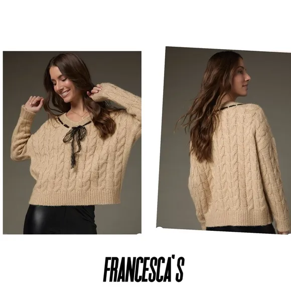(65)New Francesca’s Tara Lace Ribbon Cable Knit Pullover Sweater