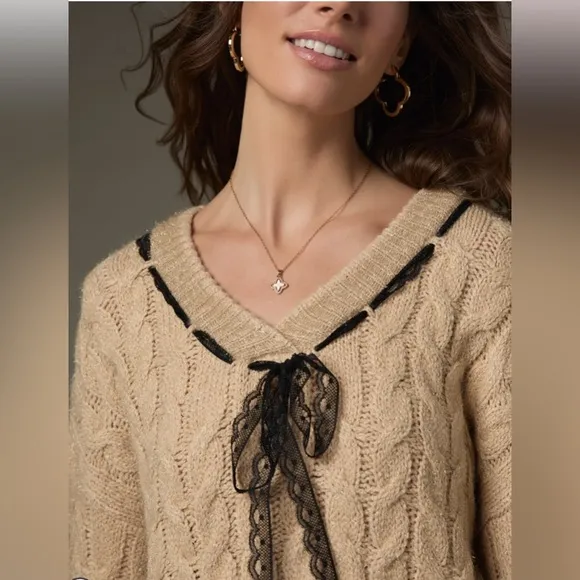 (65)New Francesca’s Tara Lace Ribbon Cable Knit Pullover Sweater