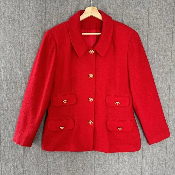 80s Vintage Union Made Cherry Red 92% Wool Blend Gold Button Blazer Size 16 / XL