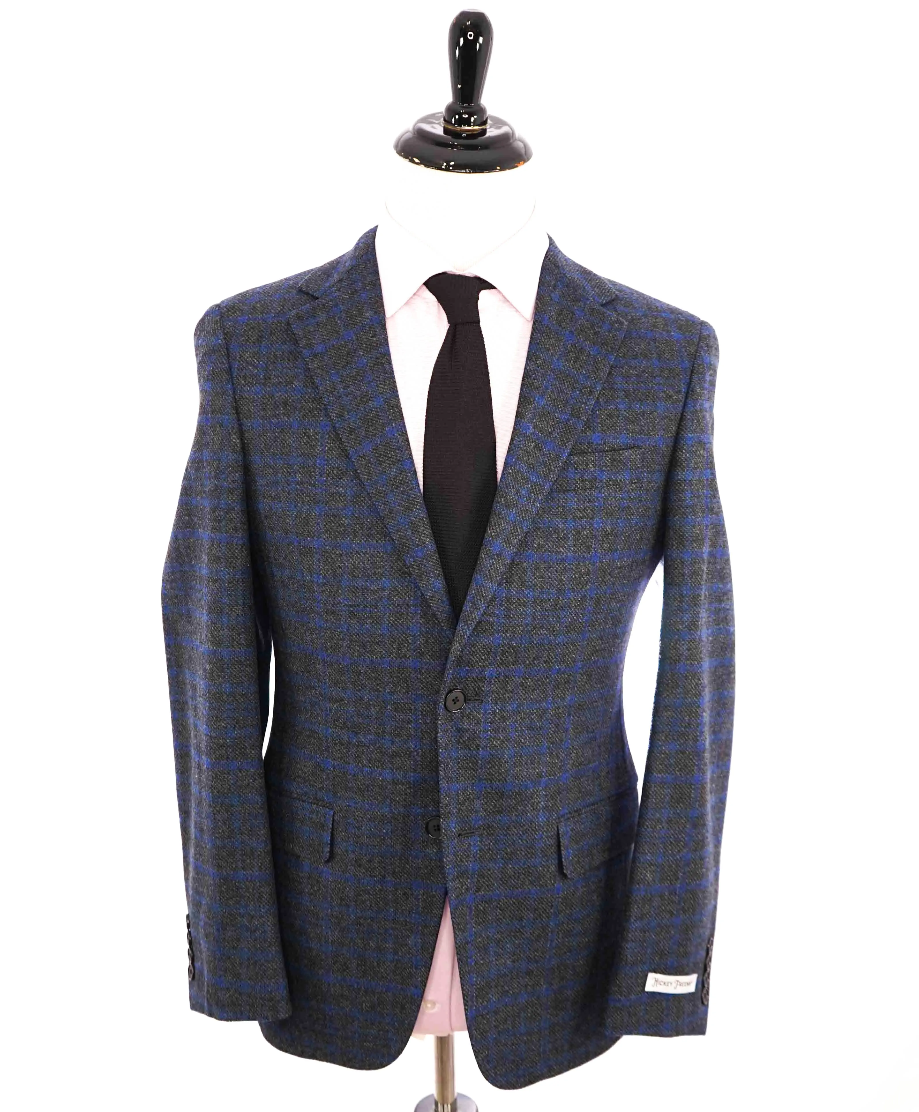 $895 HICKEY FREEMAN - Blue & Gray Check Plaid CASHMERE & WOOL Blazer - 38R