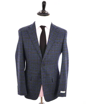 $895 HICKEY FREEMAN - Blue & Gray Check Plaid CASHMERE & WOOL Blazer - 38R