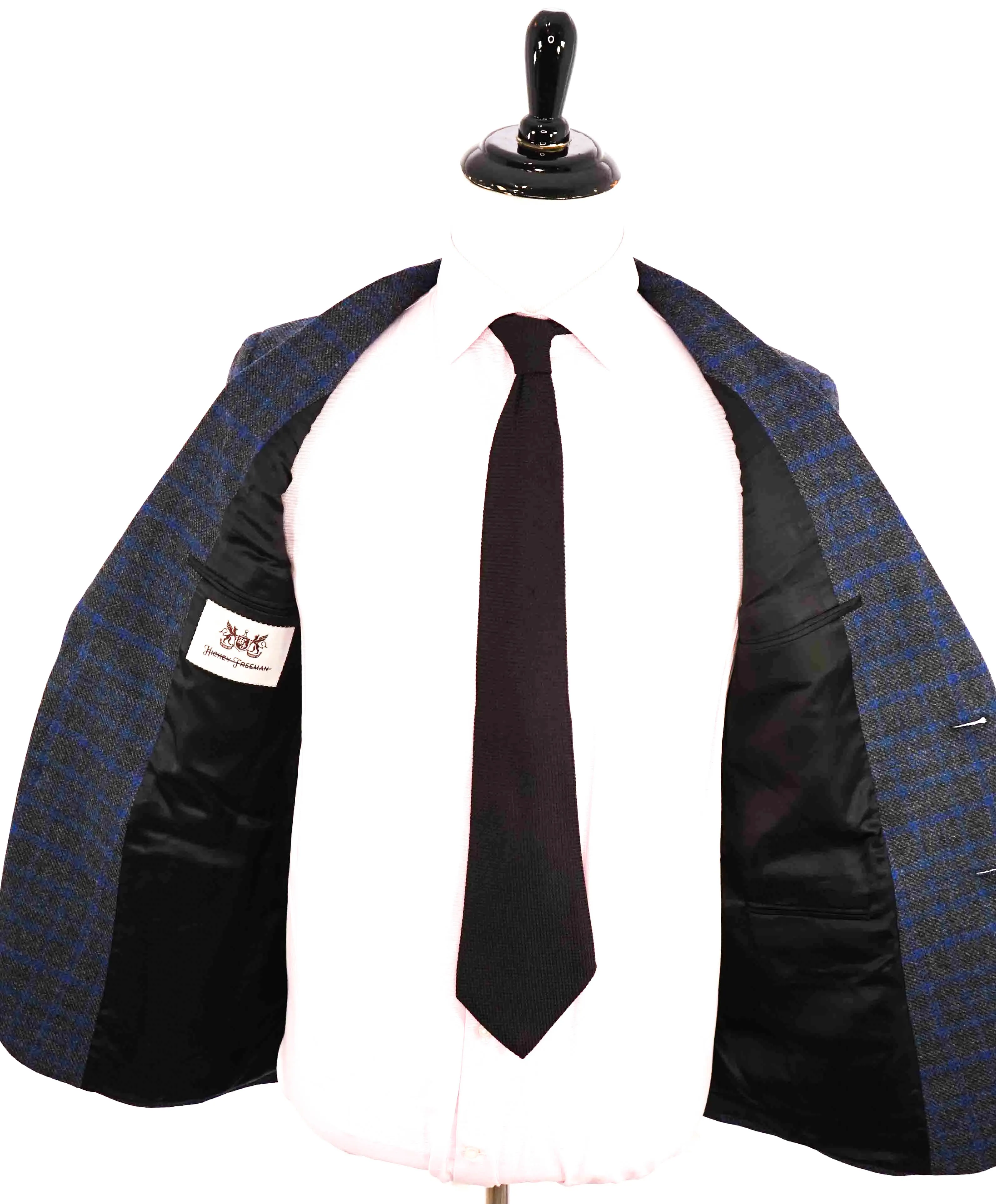 $895 HICKEY FREEMAN - Blue & Gray Check Plaid CASHMERE & WOOL Blazer - 38R