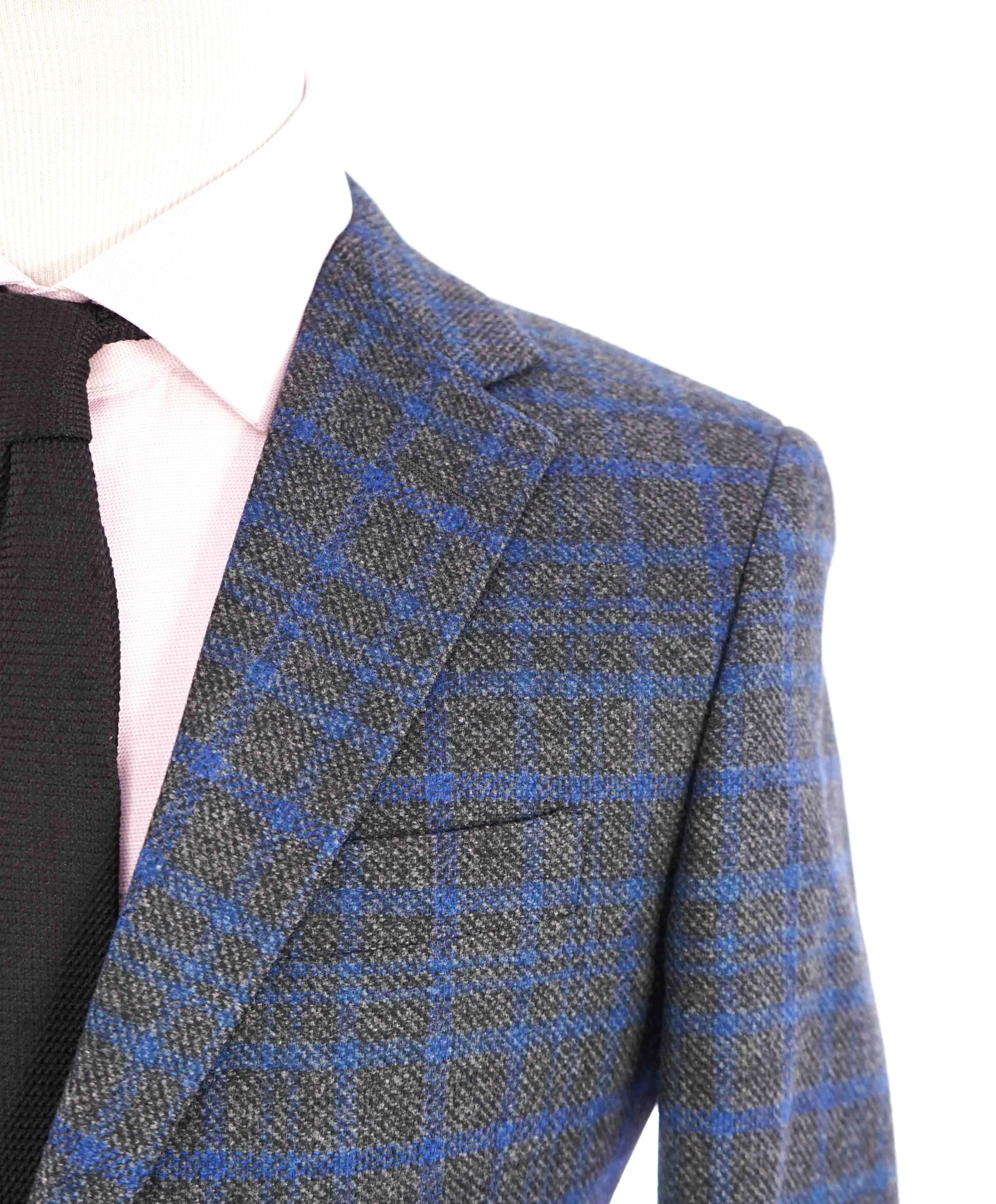 $895 HICKEY FREEMAN - Blue & Gray Check Plaid CASHMERE & WOOL Blazer - 38R