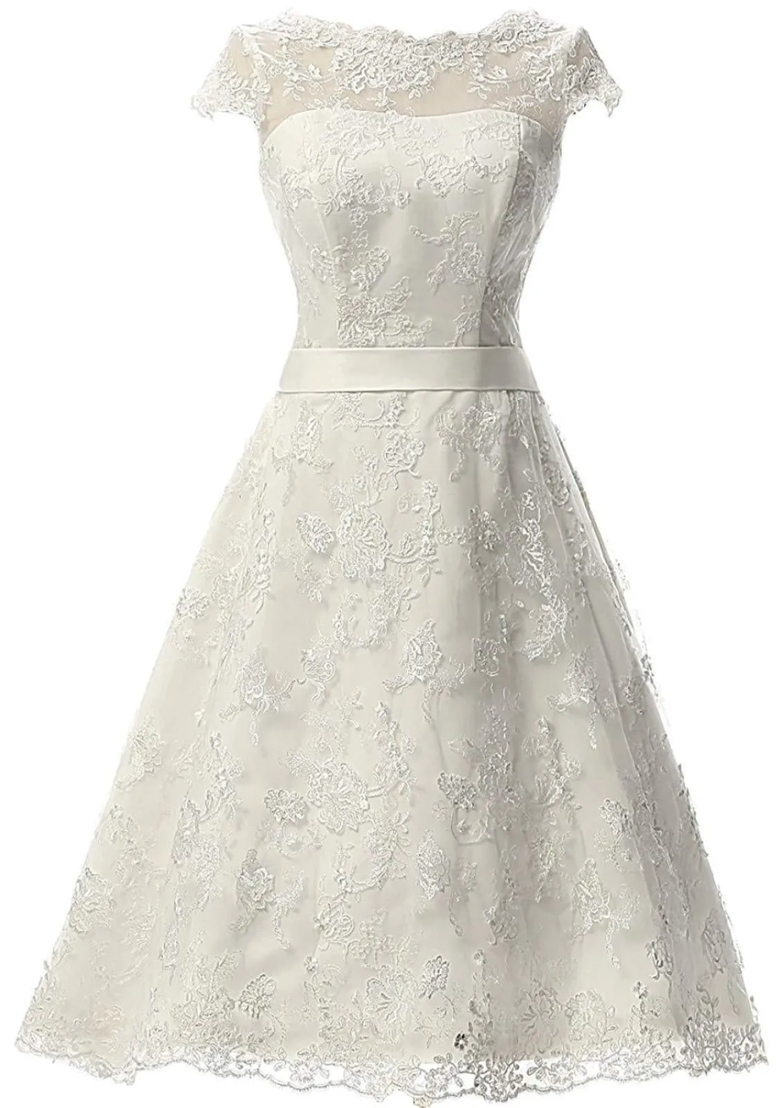 A-line Bateau Cap Sleeve Tea-Length Lace Wedding Dress, Sash