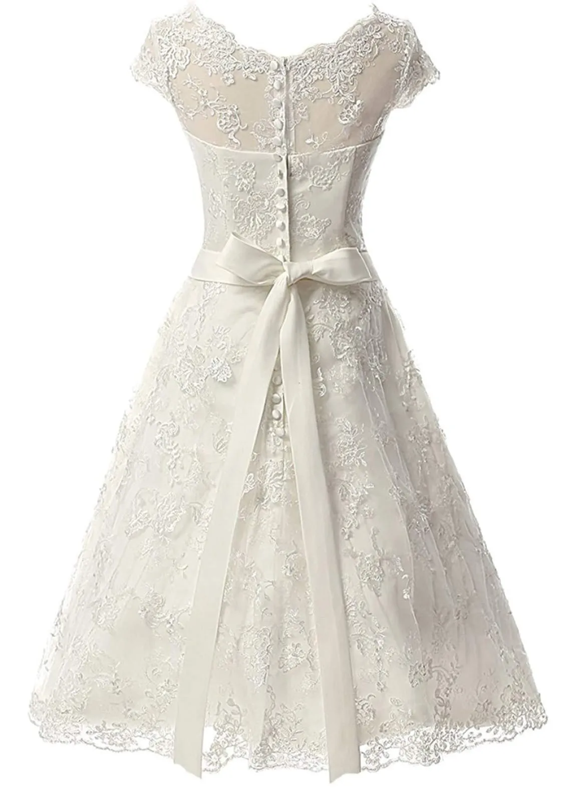 A-line Bateau Cap Sleeve Tea-Length Lace Wedding Dress, Sash