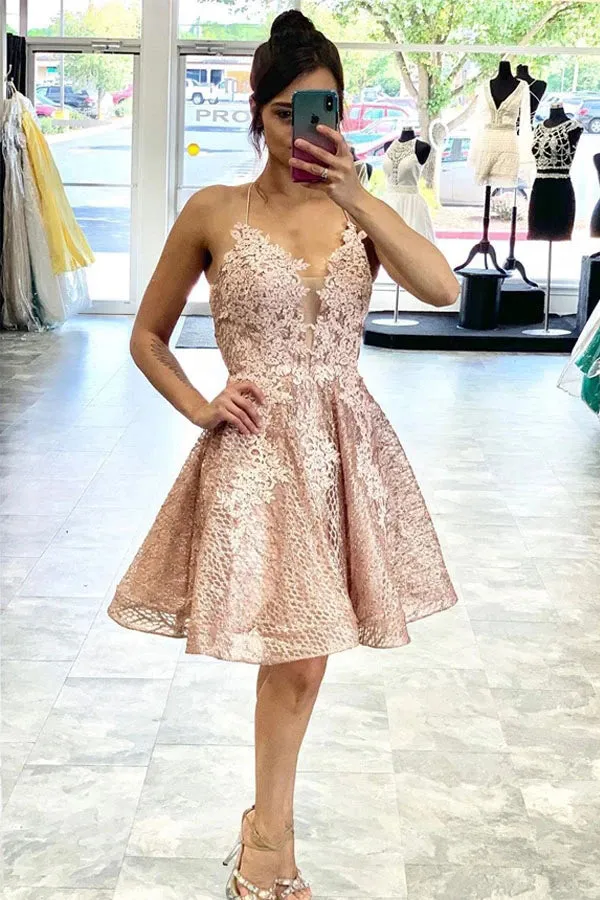 A-line Lace Short Prom Dress Homecoming Dress With Criss Cross Back,MH515