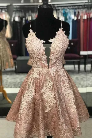 A-line Lace Short Prom Dress Homecoming Dress With Criss Cross Back,MH515