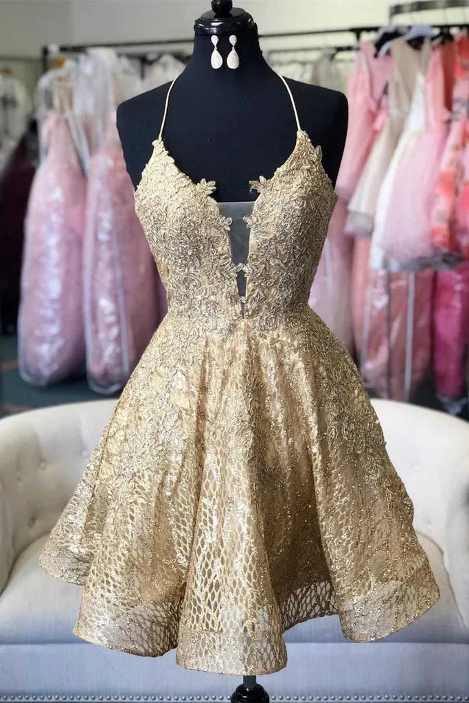 A-line Lace Short Prom Dress Homecoming Dress With Criss Cross Back,MH515