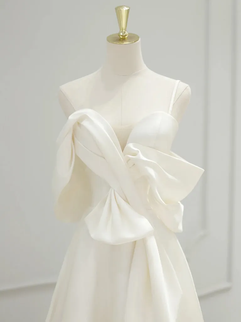 A-Line Off Shoulder Satin White Long Prom Dress, White Long Formal Dress