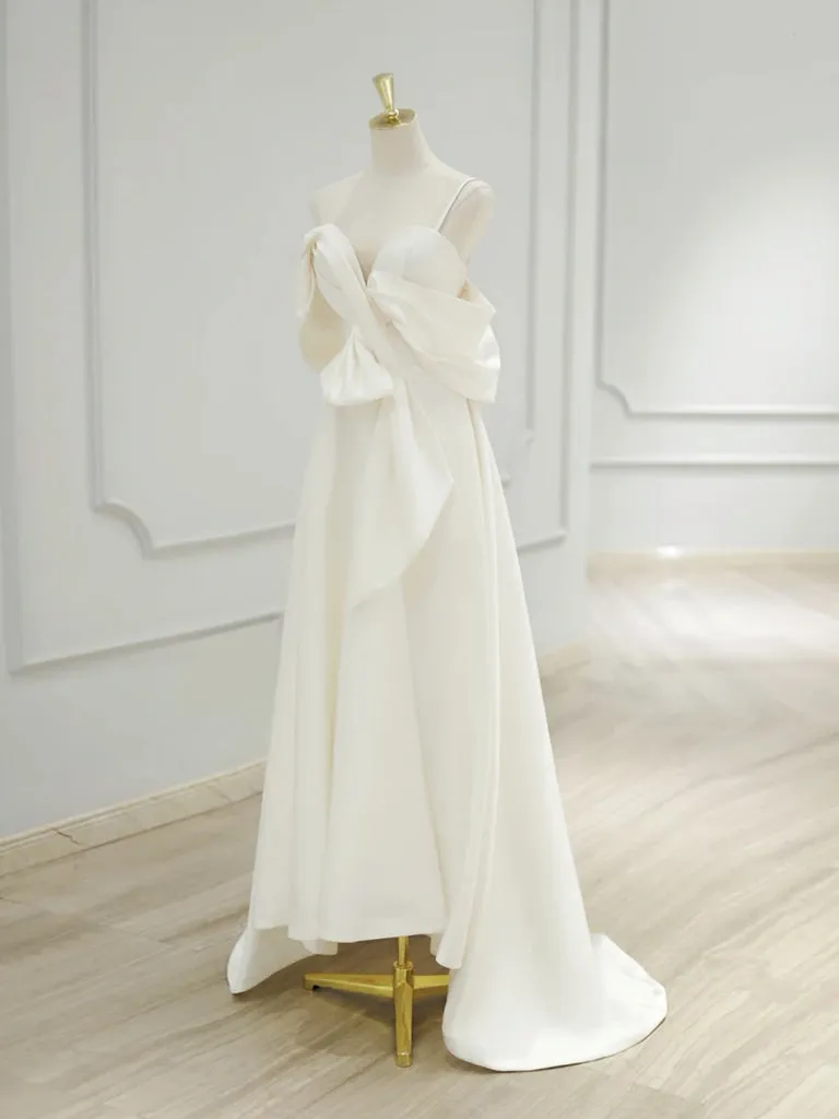 A-Line Off Shoulder Satin White Long Prom Dress, White Long Formal Dress