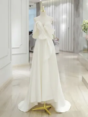 A-Line Off Shoulder Satin White Long Prom Dress, White Long Formal Dress