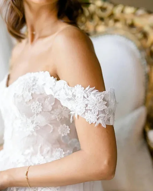 A-line Off-the-shoulder Applique Court Train Rustic Wedding Dress,MW506