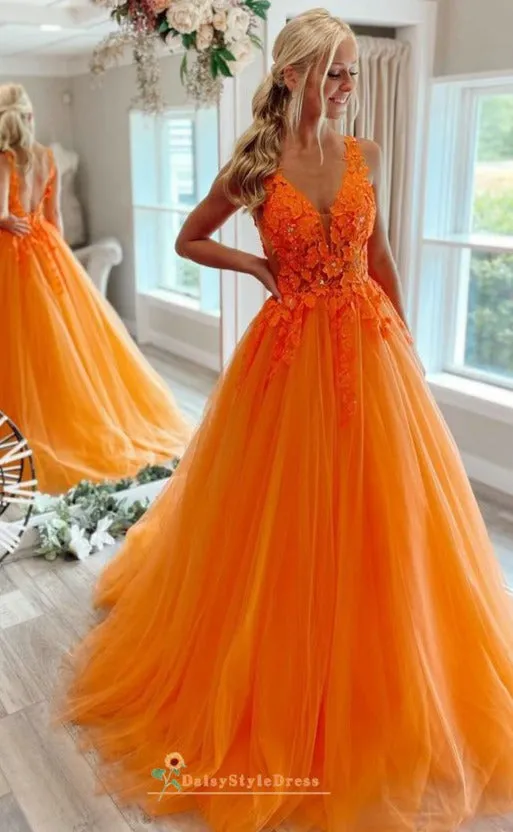 A line Orange Tulle Prom Dress