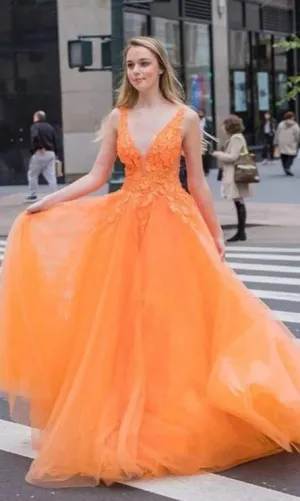 A line Orange Tulle Prom Dress
