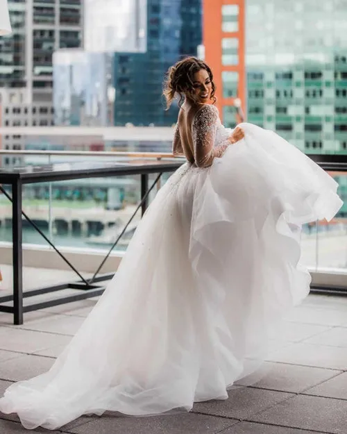 A-Line Scoop Long Sleeve Pearl Princess Wedding Dress With Backless,MW389