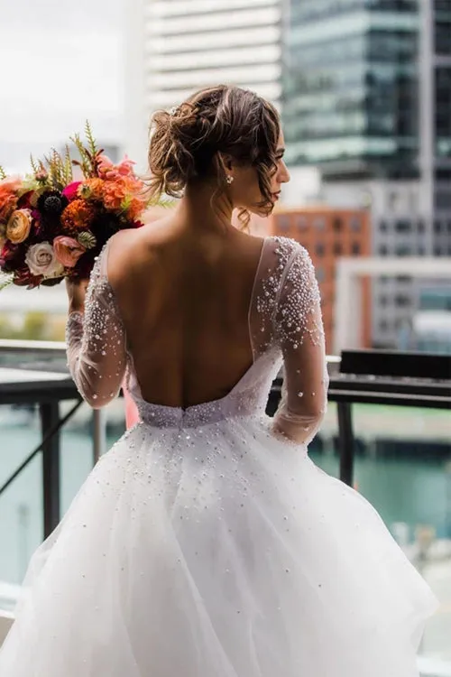 A-Line Scoop Long Sleeve Pearl Princess Wedding Dress With Backless,MW389