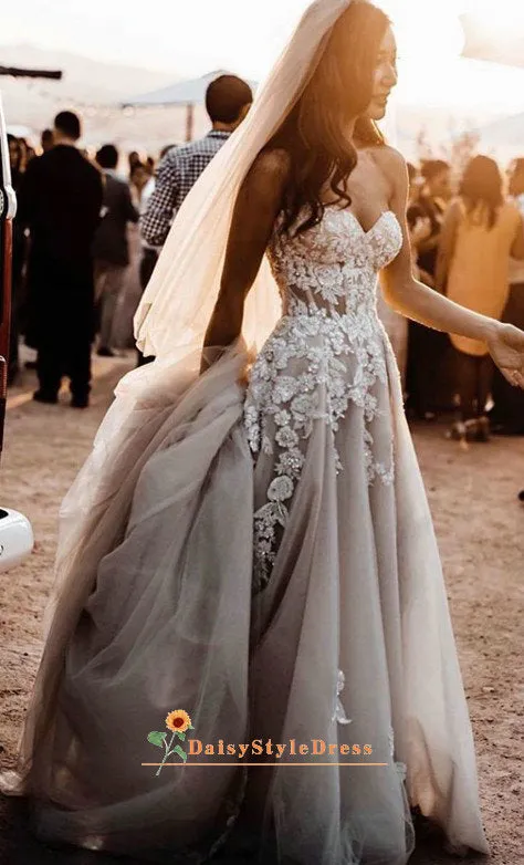 A line Sexy Sheer Lace Wedding Dress