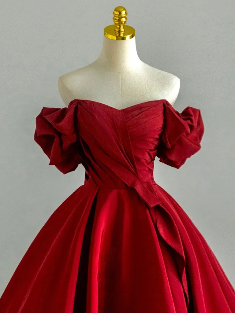 A-Line Sweetheart Neck Off Shoulder Satin Burgundy Long Prom Dress