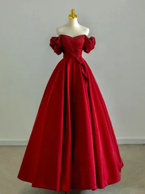A-Line Sweetheart Neck Off Shoulder Satin Burgundy Long Prom Dress
